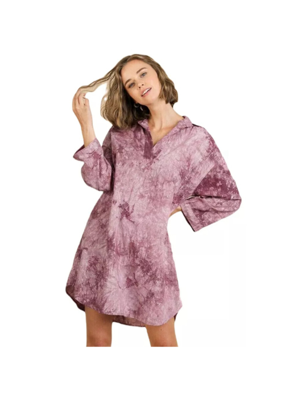 Umgee USA Women's Large Plum Tie Dye Linen Blend Casual Tunic Collar Shirt Dress